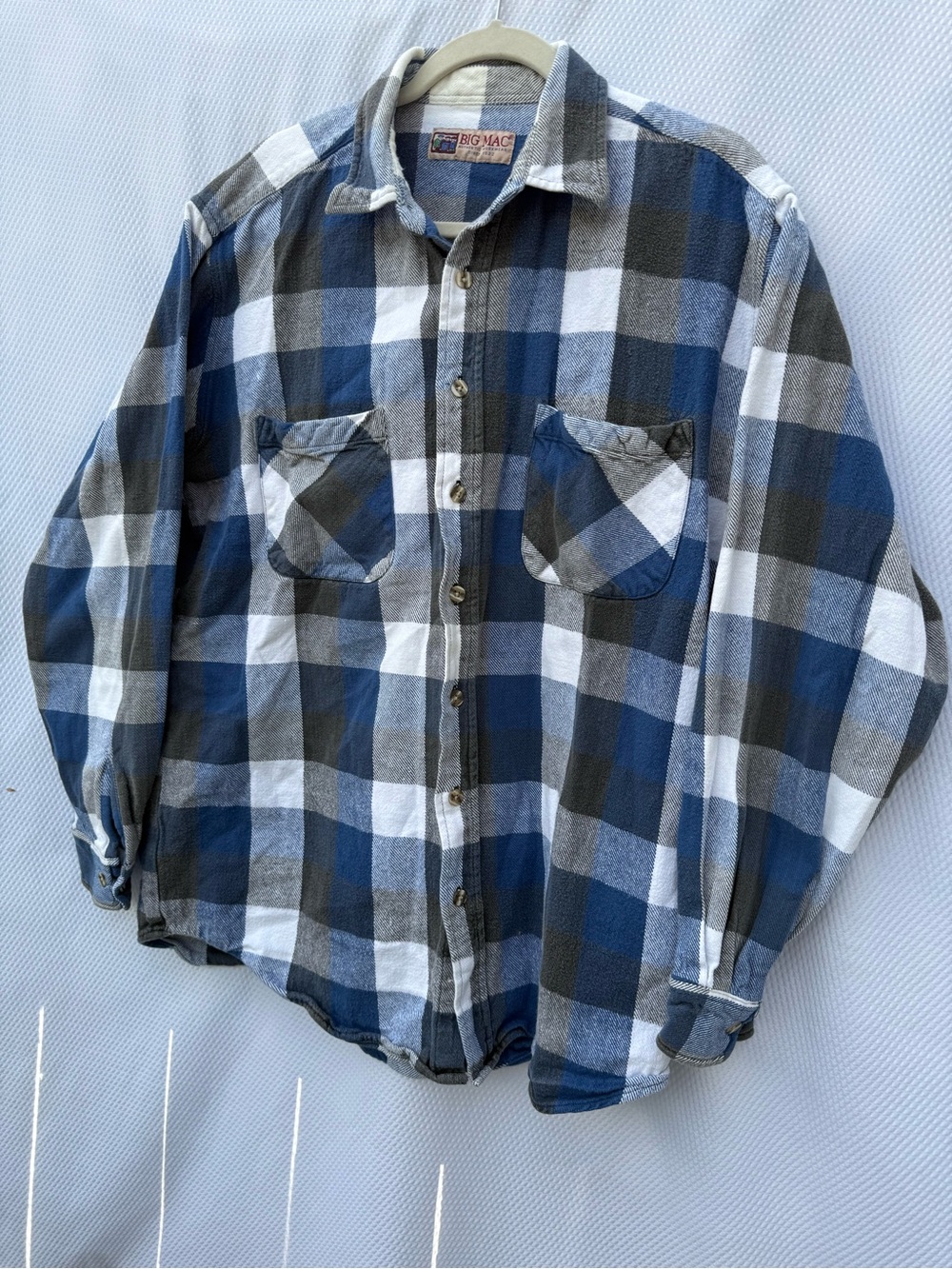 Big Mac Authentic Workwear Flannel Shirt Mens Large Tall LXT Blue Plaid Cotton⁠